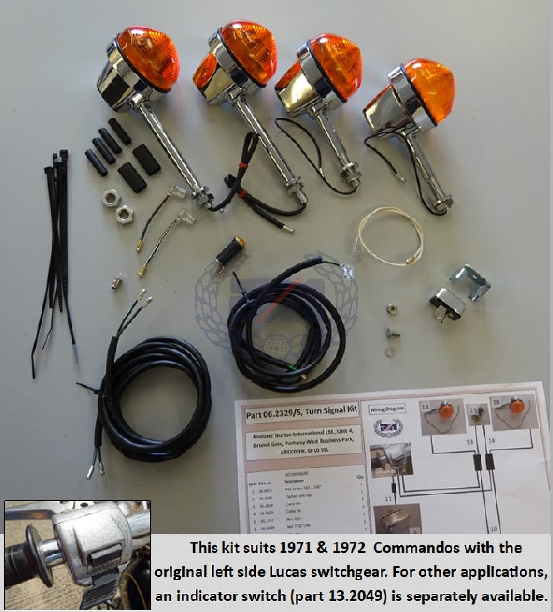 INDICATOR KIT Lucas (2 SHORT & 2 LONG STEM) FOR 1971 and 1972 COMMANDO with Lucas cast switchgear. With instructions
