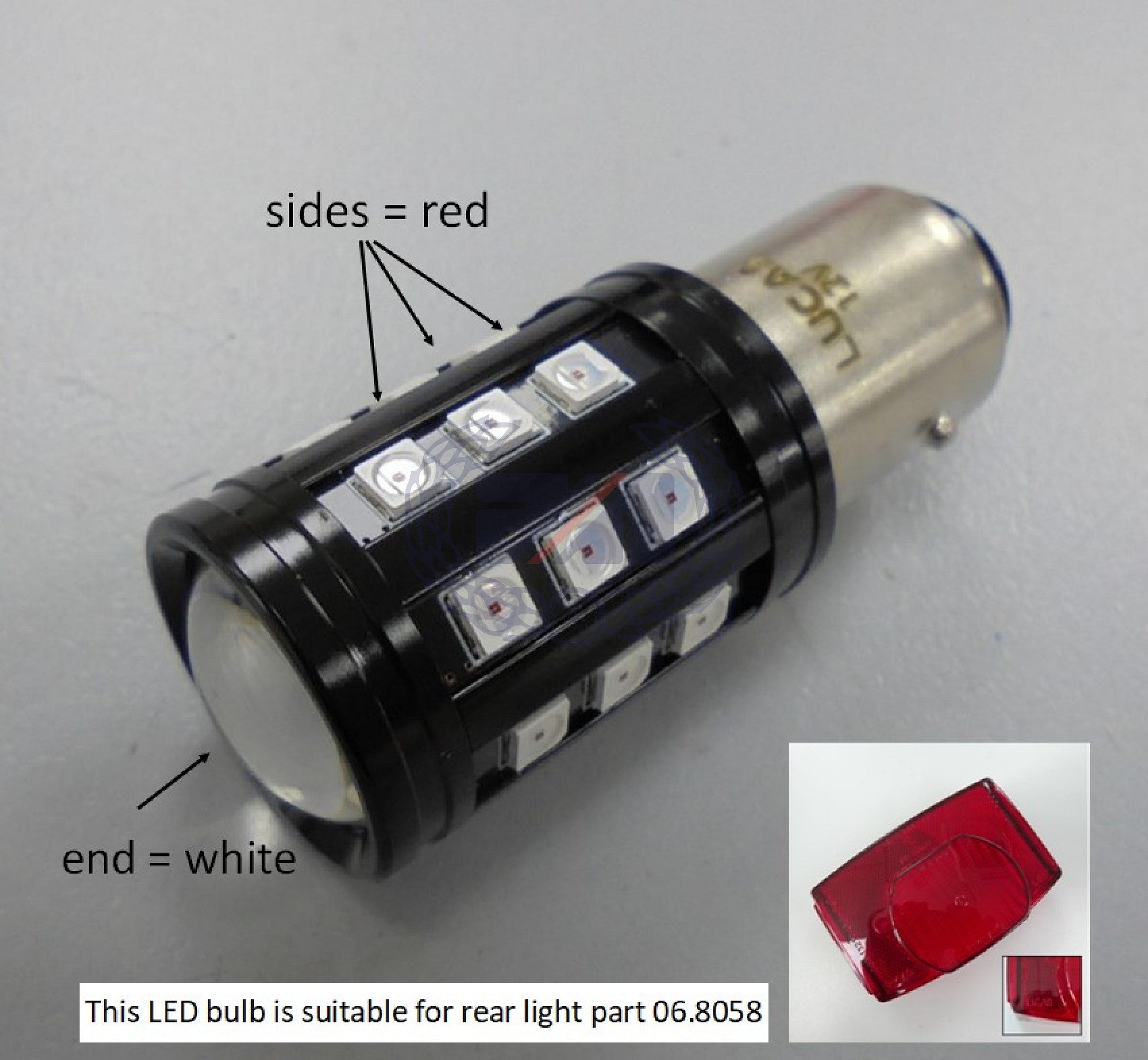 LUCAS LED Stop/Tail Bulb 12V BAY15D fitting suitable for Lucas 917 rear light. For use on Positive or Negative systems.
