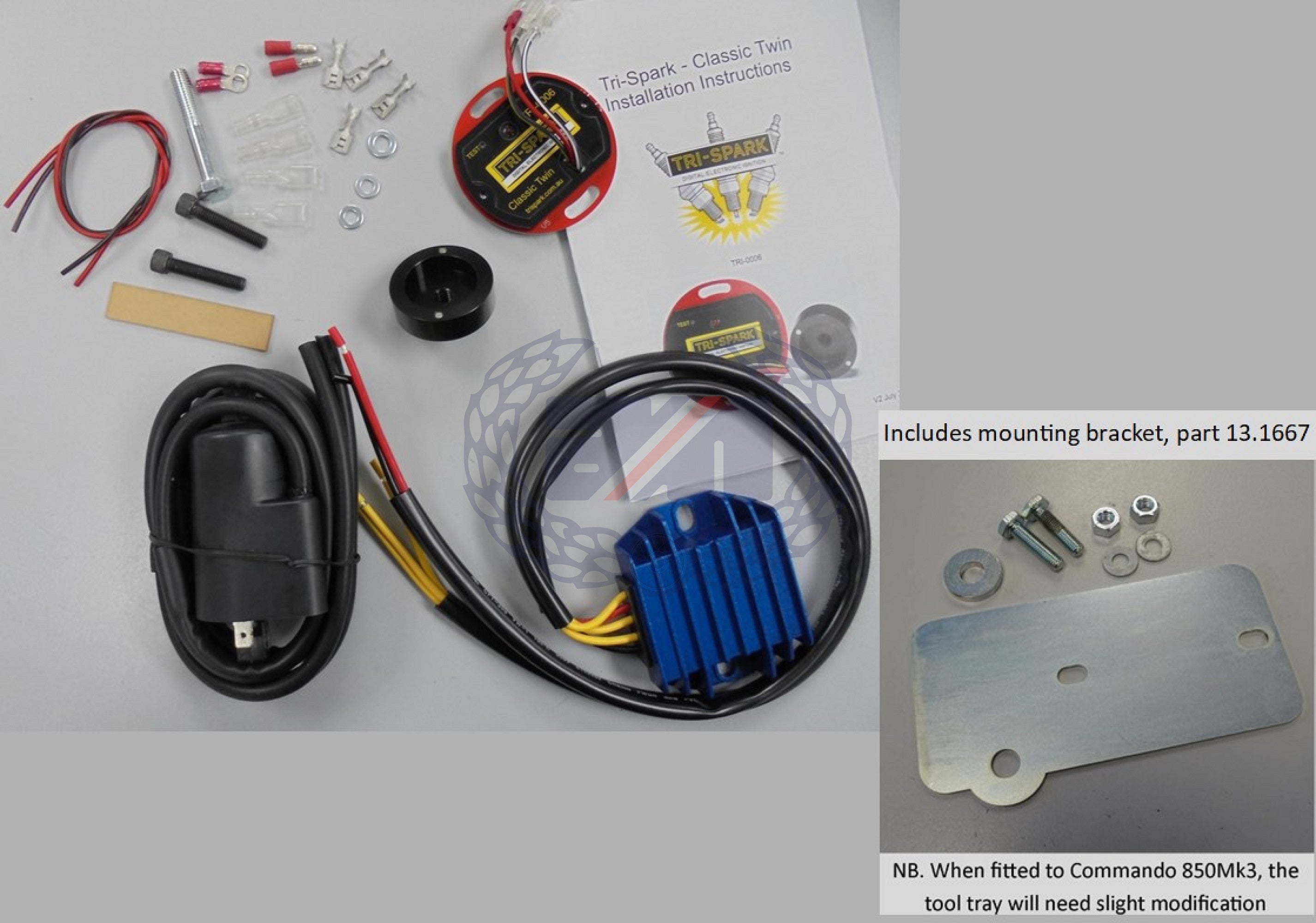 Electronic Ignition kit Tri Spark: Regulator/Rectifier complete with capacitor and one 12v dual output ignition coils. Includes mounting bracket.