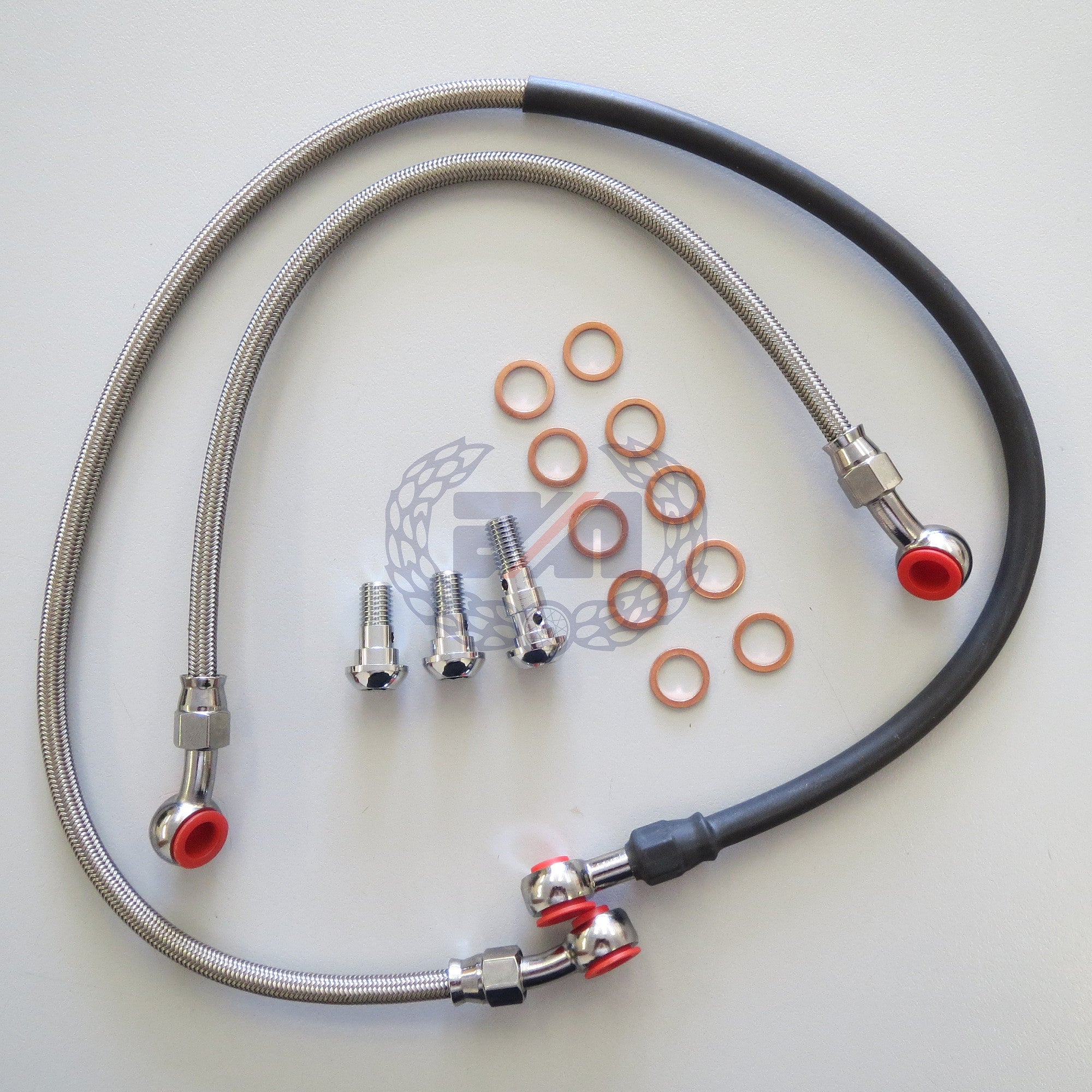 ROCKER OIL FEED PIPE KIT (STAINLESS BRAIDED) includes chrome plated banjo bolts with sealing washers